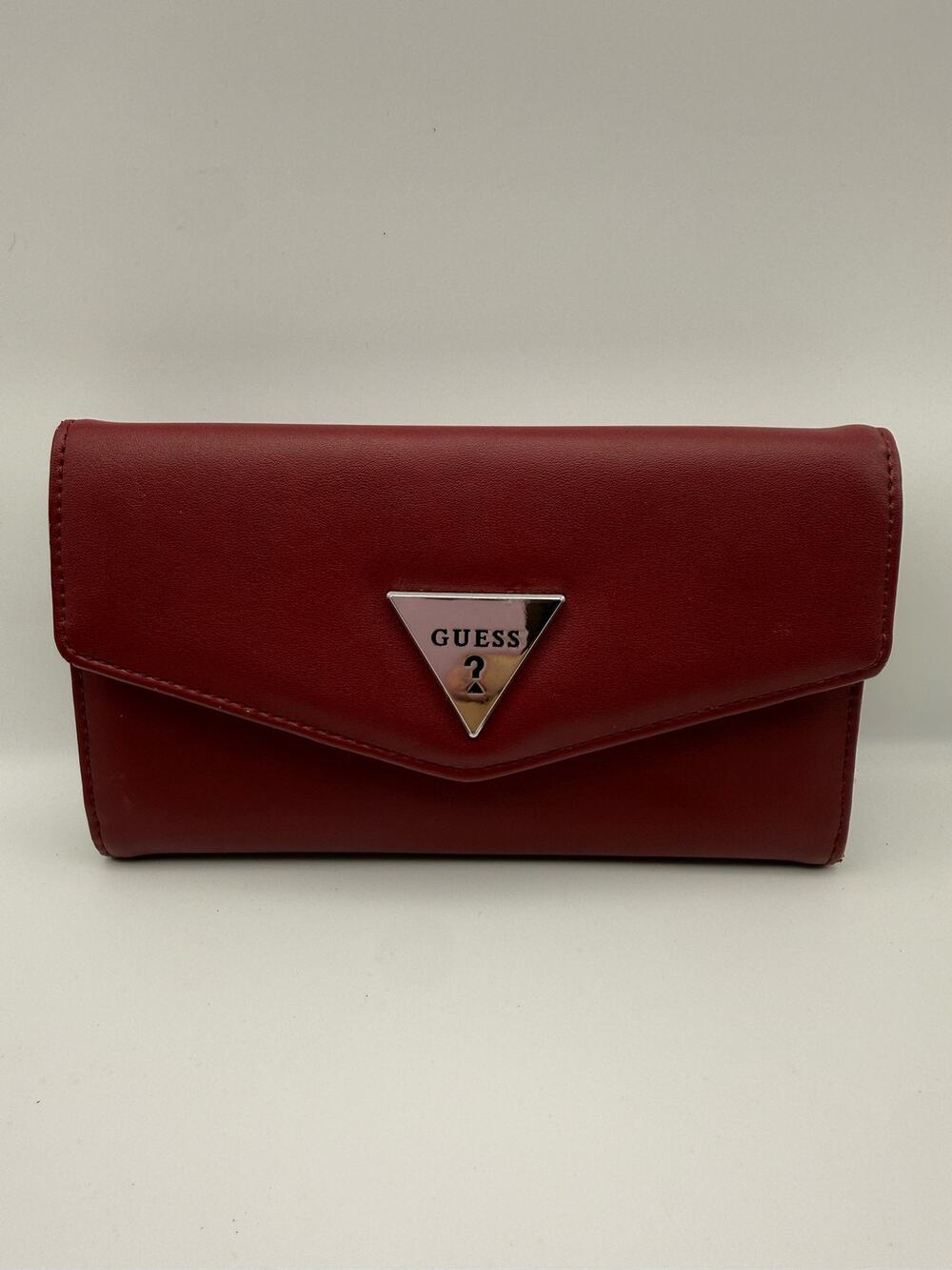 GUESS Women Red Trifold Envelope Wallet Clutch Silver Logo Hardware 13 Card Slot